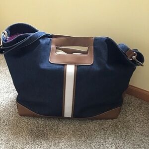 Isaac Mizrahi Dark Blue Denim White & pink Vinyl Top Overnight Handbag